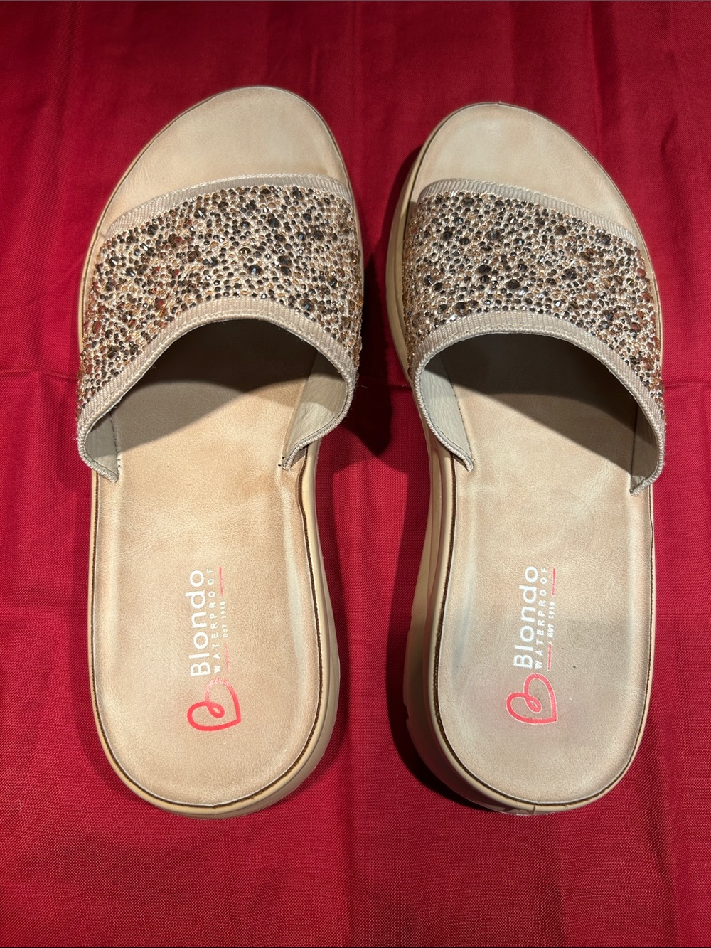 Blondo Beige Crystal-Embellished Slide Sandals - PreLoved Beauty
